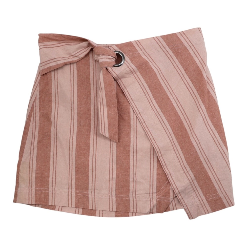 Free People Pink Stripe Linen Blend Wrap Mini Skirt Size 2 Boho Summer Tie